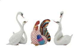 Two Pairs of Herend White Swans and Herend Cockerel