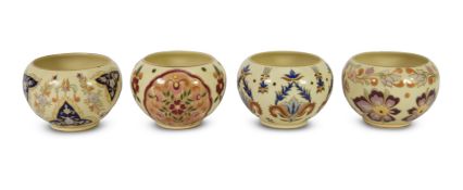 Four Hungarian Zsolnay Pec Unique Piece Hand Painted Bowls