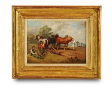Circle of Thomas Churchyard (1798-1865) - Plough Horses and Farmer at Rest