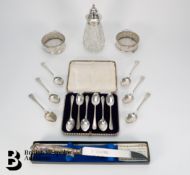 Silver Tea Spoons, Sugar Caster, Pots and Cake Knife