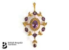 Edwardian 9ct Amethyst and Seed Pearl Brooch
