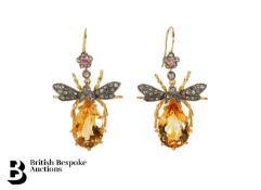 Pair of 9ct Gold, Citrine, Diamond Earrings
