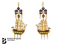Pair of 18ct Gold Enamel and Pearl Galleon Ship Earrings