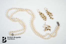 Double Strand Pearl Necklace and Pearl Earrings