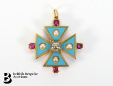 Victorian 18ct Gold Diamond, Enamel and Pearl Maltese Cross Pendant