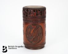 Chinese Carved Bamboo Cylindrical Tobacco Box and Cover
