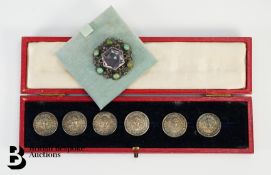 Six Silver Buttons and Silver and Turquoise Brooch