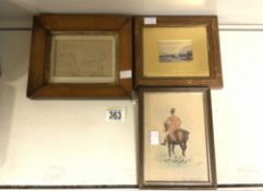 FRAMED WATERCOLOUR DRAWING OF A HUNTSMAN, SIGNED B. ROZ, 17.5 X 12CM, A MAPLE FRAMED DRAWING OF A