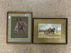 TWO WATERCOLOUR DRAWINGS, (R.V.C. AND I.G. WATSON) SIGNED HORSE-RELATED PICTURES BOTH FRAMED AND
