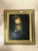H. HAAS, AFTER REMBRANDT 'THE MAN WITH THE GOLDEN HELMET' OIL ON BOARD DATED 1952 GILDED FRAMED 60 X