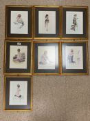 SEVEN FRENCH PRINTS DEPICTS A VARGA GIRL ILLUSTRATIONS ALL FRAMED AND GLAZED 35 X 43CM