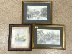 PAUL GARLAND WATERCOLOUR PENCIL DRAWING SIGNED WITH A PAIR OF MIKE BENSLEY PRINTS ALL FRAMED AND