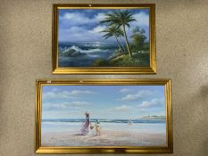 A LARGE FRAMED OIL ON CANVAS PAINTING, SIGNED 'M. CHARLOT, DEPICTING WOMEN AND GIRLS ON A BEACH,