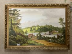 GORDON SMITH SIGNED OIL ON CANVAS FIGURES IN A COUNTRYSIDE SCENE 84 X 59CM