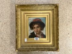 19TH CENTURY CONTINENTAL PORTRAIT OF YOUNG BOY IN ORNATE GILDED FRAME 38 X 41CM