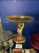 19TH CENTURY FRENCH BRONZE WITH CHAMPLEVE ENAMEL CIRCULAR TAZZA ON MYTHOLOGICAL BIRD SUPPORT AND