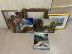 SIX PICTURE PAINTINGS AND GILDED FRAME