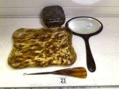 A FAUX TORTOISESHELL HALEX DRESSING TABLE POT, TRAY AND MORE