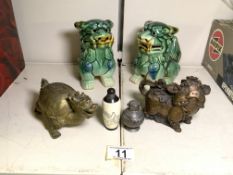 A PAIR OF CERAMIC FOO DOGS, A BRASS MODEL OF A TURTLE DRAGON, A LUCKY PIG AND TWO SMALL SCENT