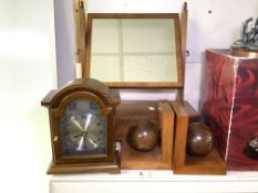 A PAIR OF WOODEN BOOKENDS, MOUNTED WITH SPHERES, A DRESSING TABLE MIRROR AND A RADIO CONTROLLED