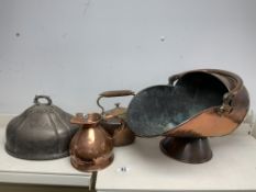 VICTORIAN COPPER COAL HELMET, KETTLE AND MEASURE WITH SILVER-PLATED OVAL MEAT COVER