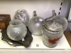 A FROSTED GLASS AND CHROME LIGHT FITTING, TWO LAMPSHADES, A FROSTED GLASS BISCUIT BARREL AND TWO ART
