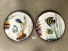 TWO LARGE HAND-PAINTED TERRACOTTA FISH PLATES (SPAIN) 35CM DIAMETER