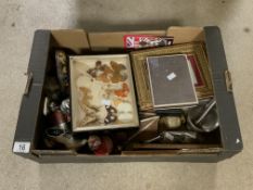 A LARGE MIXED LOT OF ITEMS INC PIN CUSHIONS, FLASK, BUTTERFLIES AND MUCH MORE