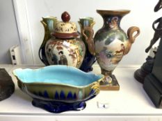 A CHINESE TWO-HANDLED VASE, WITH RED CHARACTER MARK TO UNDERSIDE, HEIGHT 31CM, A PAIR OF FRENCH