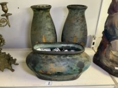A PAIR OF VINTAGE HAND-PAINTED GLASS VASES AND PLANTER, SIGNED 'NADO', DECORATED WITH SCENES OF