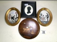 THREE VINTAGE SILHOUETTES WITH A EARLY INDIAN CARVED PLAQUE 15CM