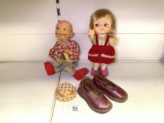 PAIR OF 1950S CHILDS SHOES, VINTAGE CLOCKWORK JAPANESE DOLL AND FIGURE