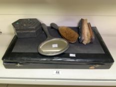 ARTS AND CRAFTS HAMMERED PEWTER FIVE-PIECE DRESSING TABLE SET INSERT TURQUOISE BOSSES & CASED
