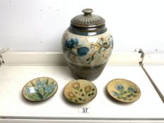 JOHN GREEN CHEESEMANS POTTERY LIDDED VASE 28CM WITH THREE BARBARA ROSS PIN DISHES