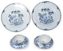 Two 18th C Chinese export tea bowls and saucers and a pair of plates