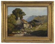 British School, 19th century, 'Rural Bliss: Ladies by the Cottage'