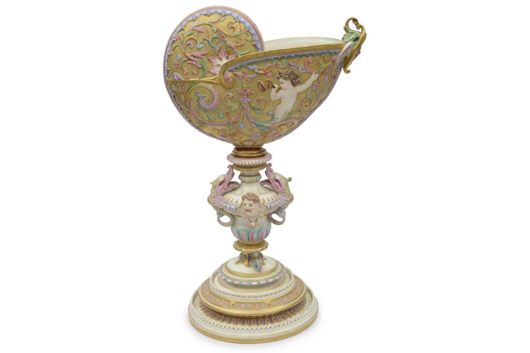 A Royal Worcester Nautilus shell centrepiece, dated 1878,