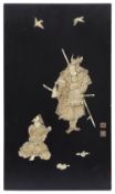 A Japanese bone and mother of pearl inlaid black lacquer panel
