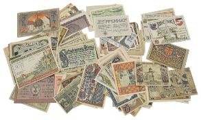 A collection of German 'notgeld' banknotes, mostly 1918-1920