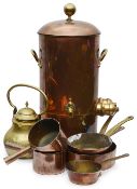 Kitchenalia. A collection of copper saucepans and a large copper hot water urn