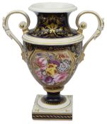 An early 19th century Derby porcelain elaborate twin handled vase
