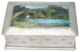 A large Liberty & Co Tudric pewter and enamel table cigarette box