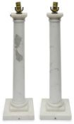 A pair of large contemporary grey veined white marble column table lamps