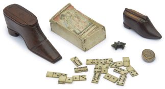 Two 19th century treen shoe snuff boxes and other items