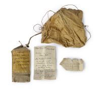 Zeppelin Interest. A small calico parachute with weighted canvas pouch