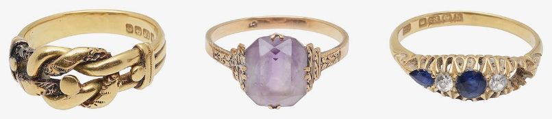 An 18ct Edwardian keeper ring, sapphire & diamond and amethyst ring