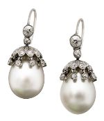 A pair of cultured pearl and diamond set ear pendants
