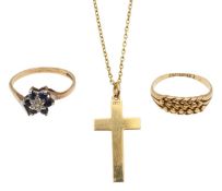 An 18ct Victorian keeper ring, cross with chain and a cluster ring