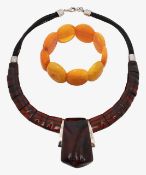 A plum amber necklace, amber panel bracelet