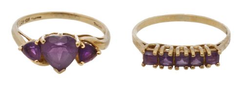 A 9ct amethyst heart with five stone amethyst ring